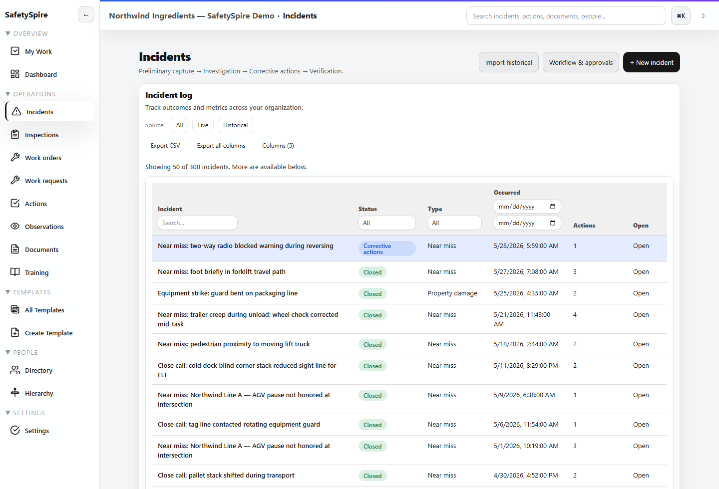 SafetySpire SMS incident log screenshot