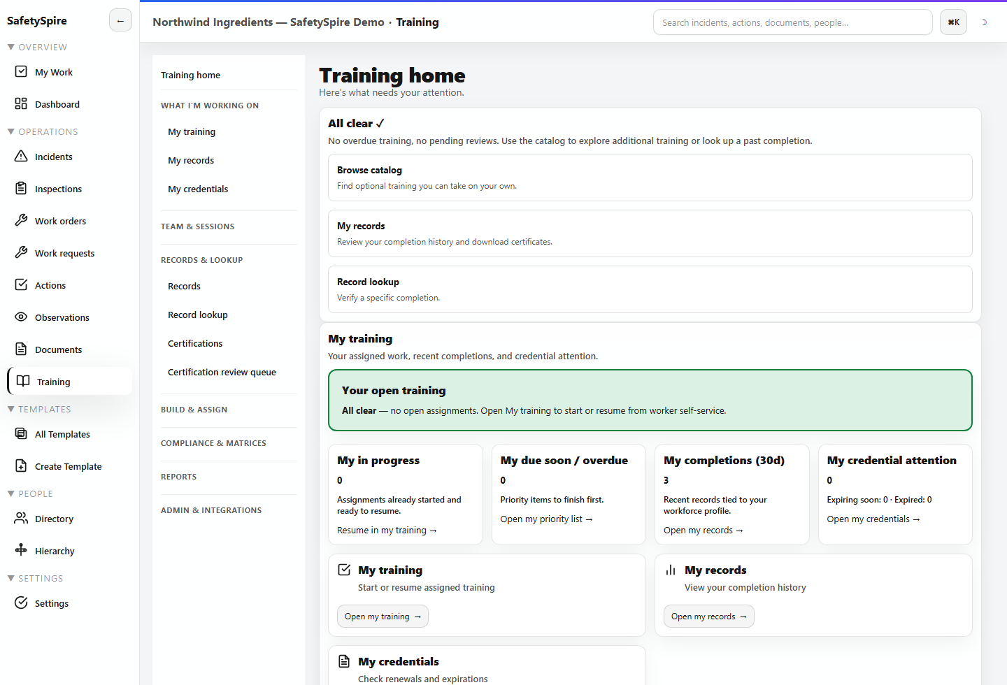 Training workspace showing learning administration